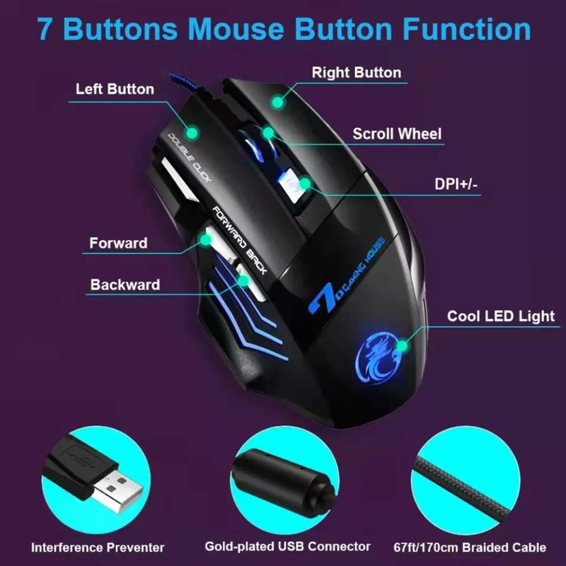 Mouse Gamer Jogos Laser 3600dpi Usb Com Fio Led 7 Botões Iluminado