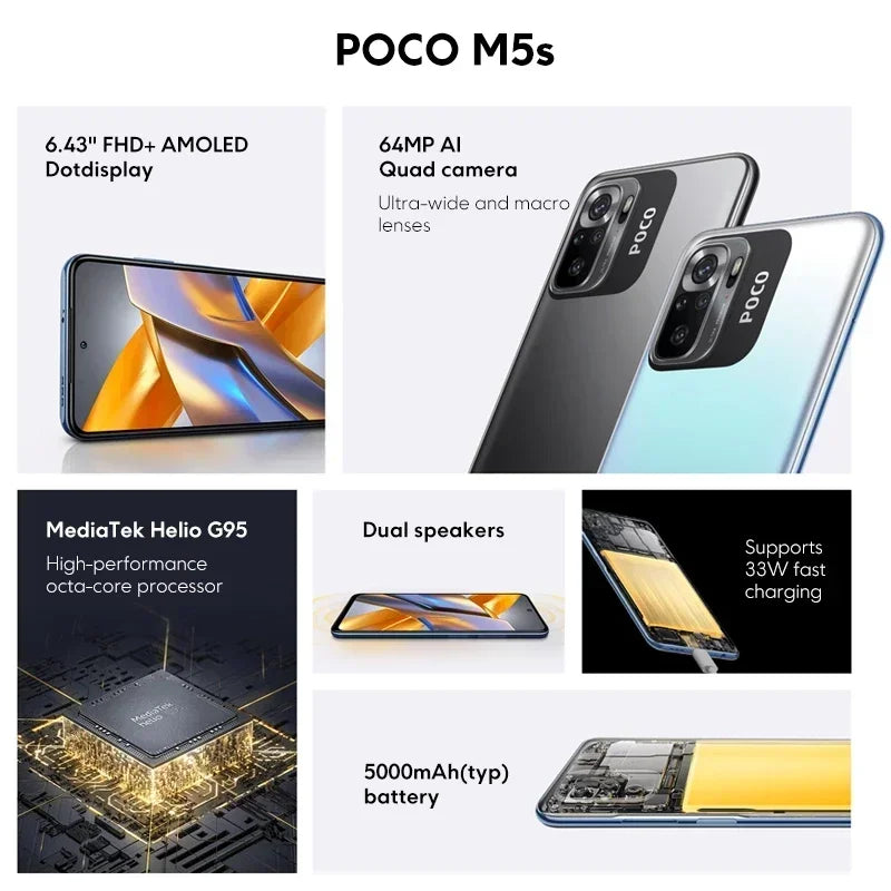Global Version POCO M5s NFC 8GB+256GB 64MP Quad Camera Helio G95 Octa Core 6.43" AMOLED DotDisplay 33W 5000mAh